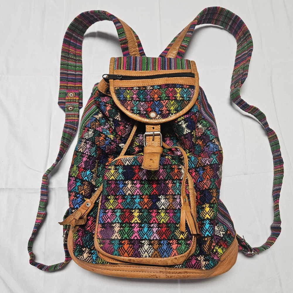 Woven Backpack Women Small Multicolor Boho Leather Trim Guatemala